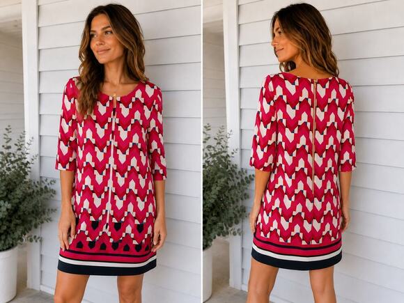 Eliza J. Dresses & Skirts - Eliza J Pink Geometric Shift Dress Size 14 3/4 Sleeve Back Zip